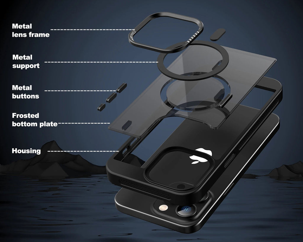 Phone case with labeled components on a dark background