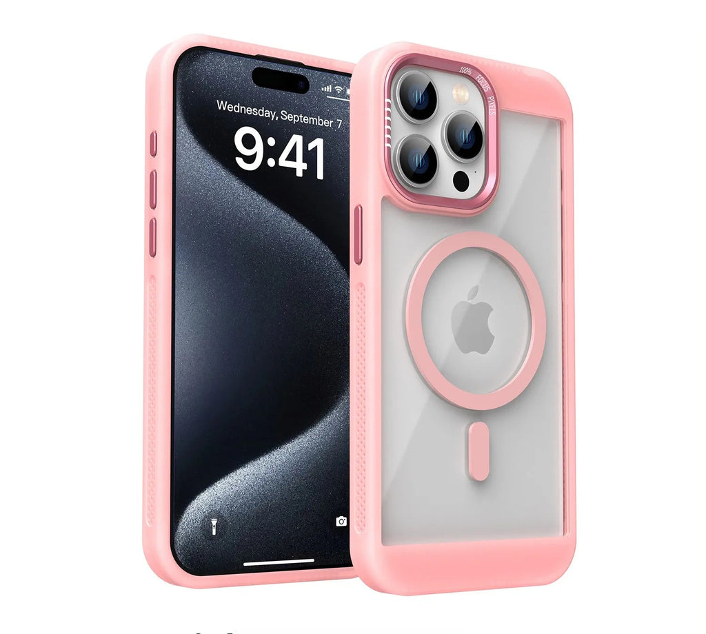 Pink phone case with clear back.